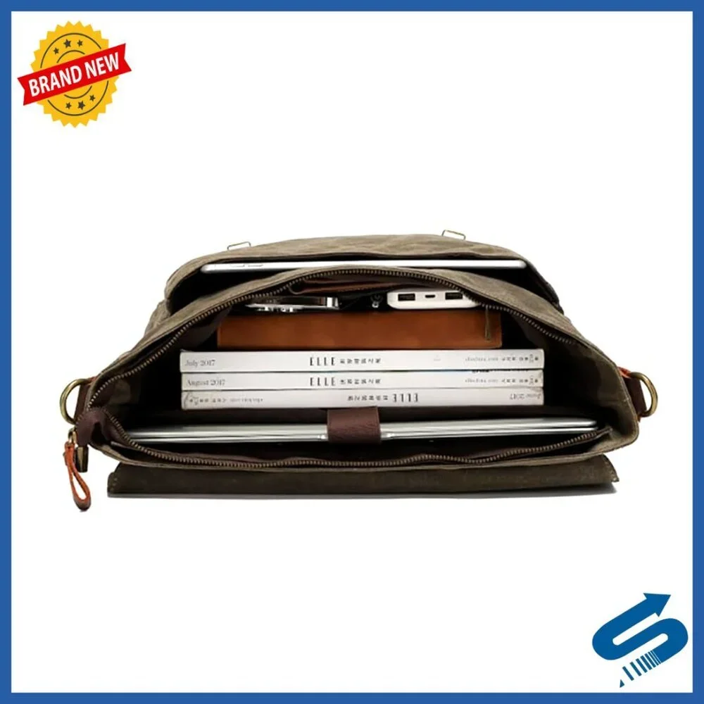 Vintage Leather Messenger Bag Waxed Canvas Laptop Briefcase Business Satchel